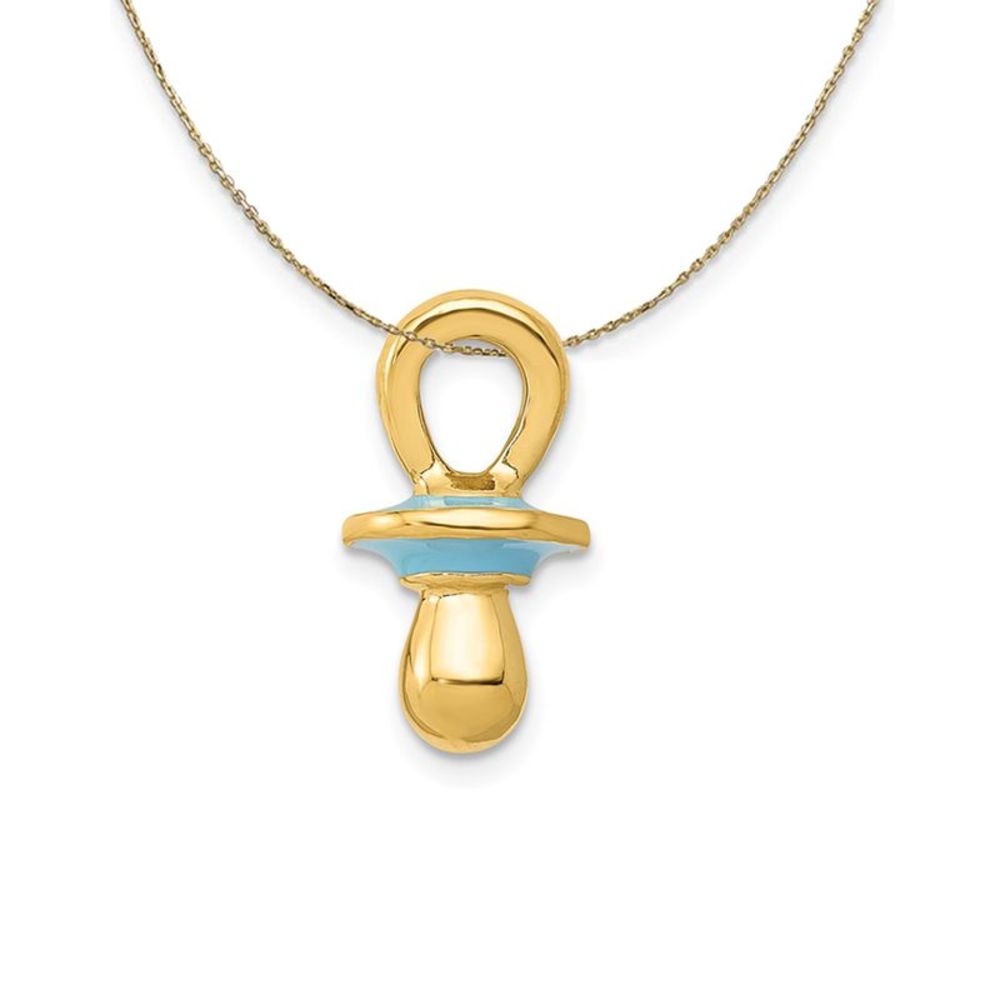 14k Yellow Gold with Blue Enamel 3D Pacifier Necklace - 20 Inch